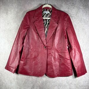 Denim & Co Leather Jacket Womens Medium‎ Red Zebra Lining Pintuck Single Button